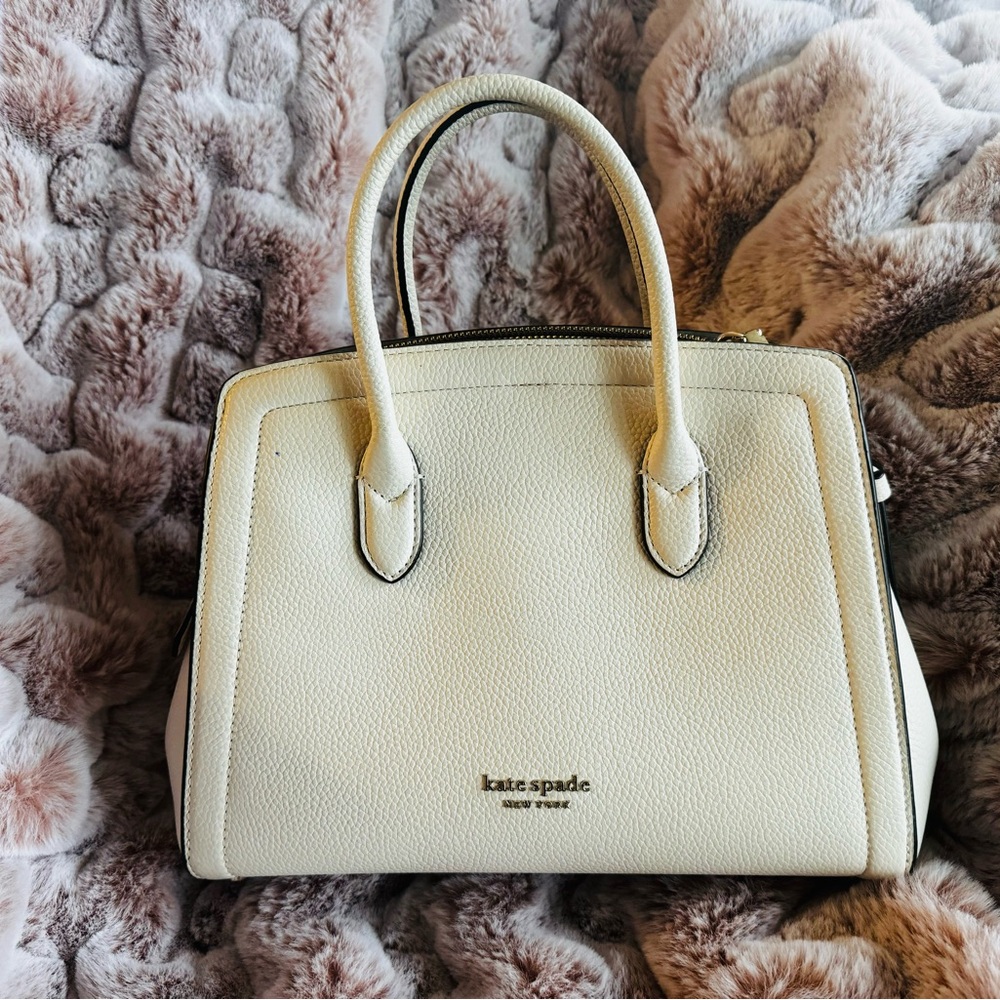 kate spade Cream Satchel with Structured Shape and Textured Finish